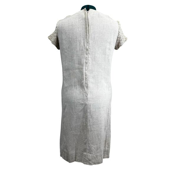 1960s Cream Linen Blend Shift Dress w Crochet Yoke – Mr. Jack Dallas – Size 16 - Picture 6 of 16